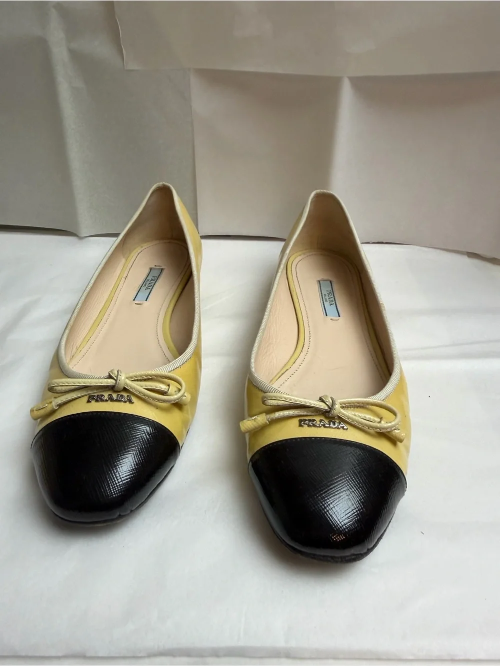 Prada Yellow Leather Ballet Flats with Black Cap-Toe